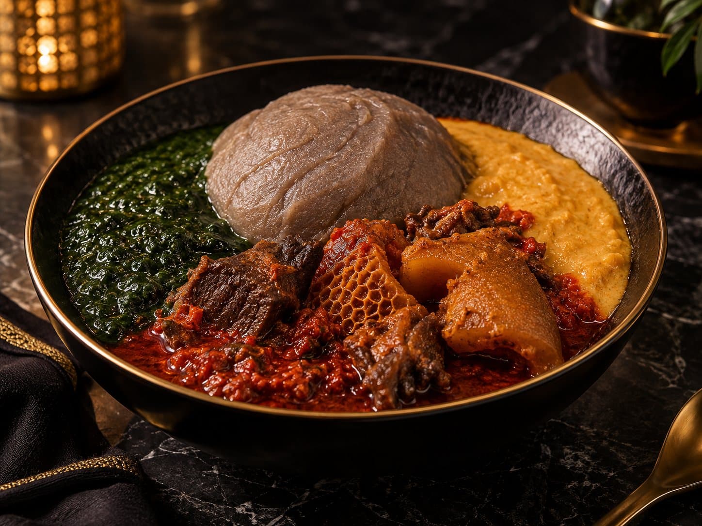 Abula — amala with gbegiri, ewedu and pepper stew with assorted meat