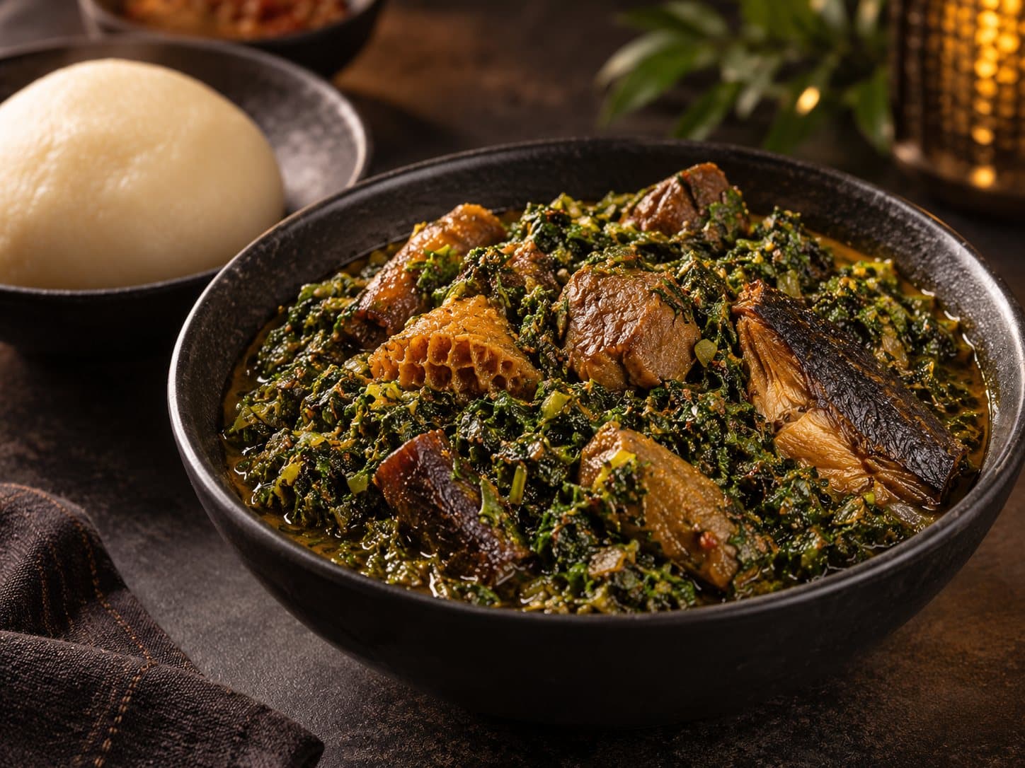 Afang soup with assorted meat and smoked fish, served with a ball of pounded yam