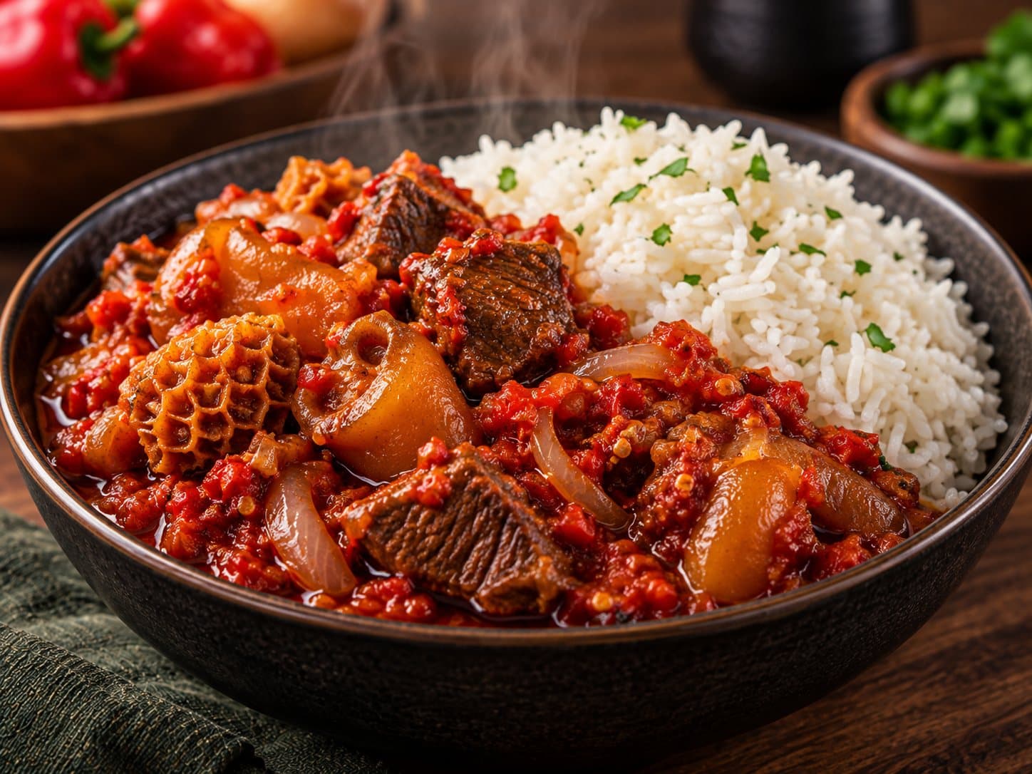 White rice with rich pepper stew and assorted meat