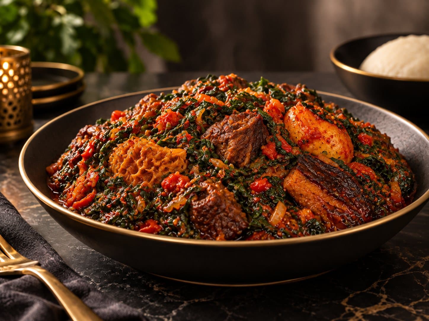 Efo riro spinach stew with assorted meat and smoked fish