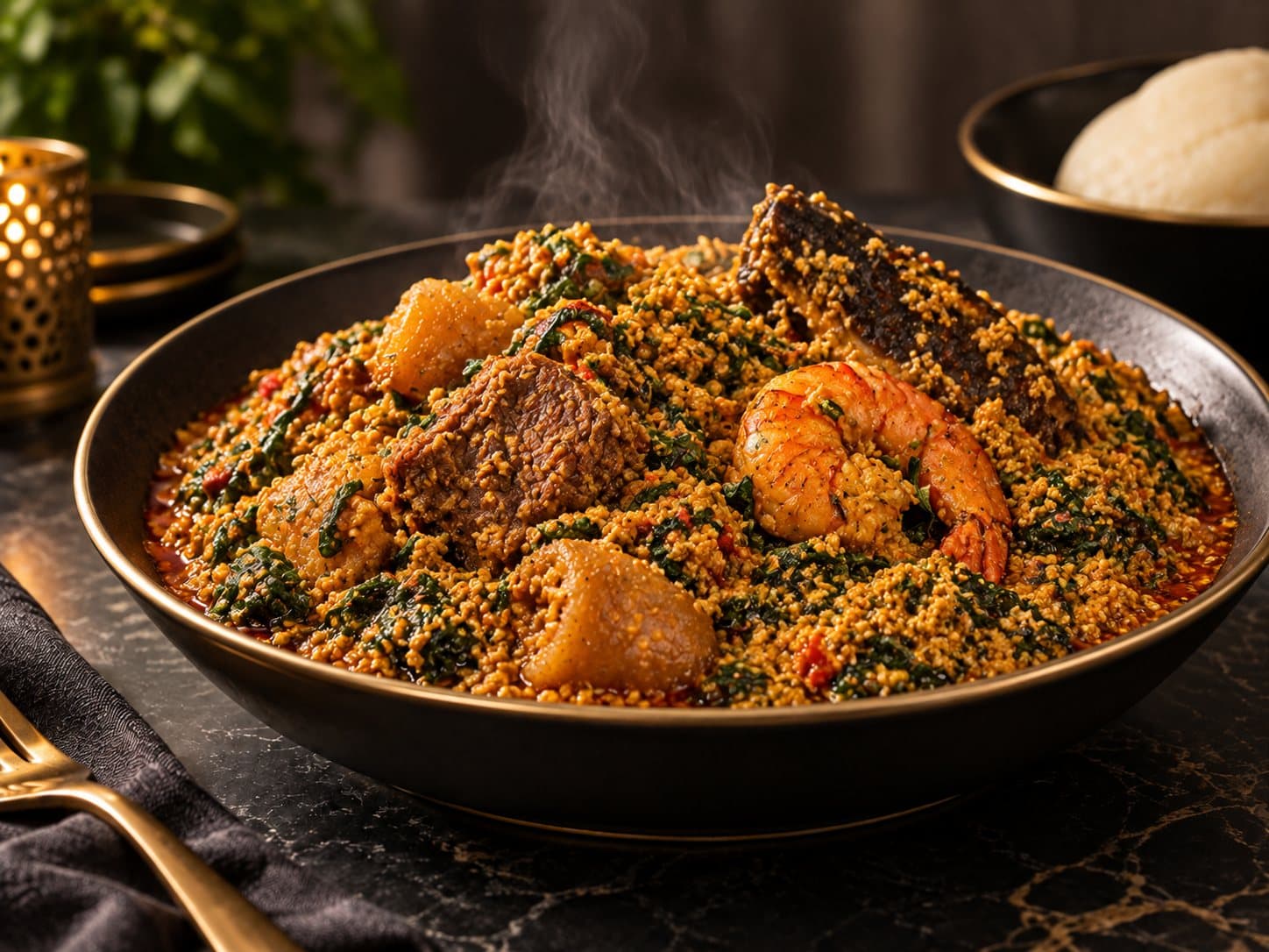 Egusi melon-seed soup with greens, beef and prawns