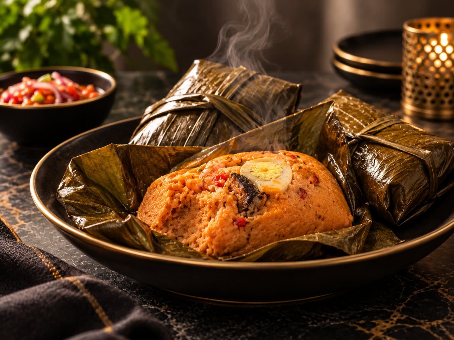 Moinmoin elewe — steamed bean pudding unwrapped from its leaf