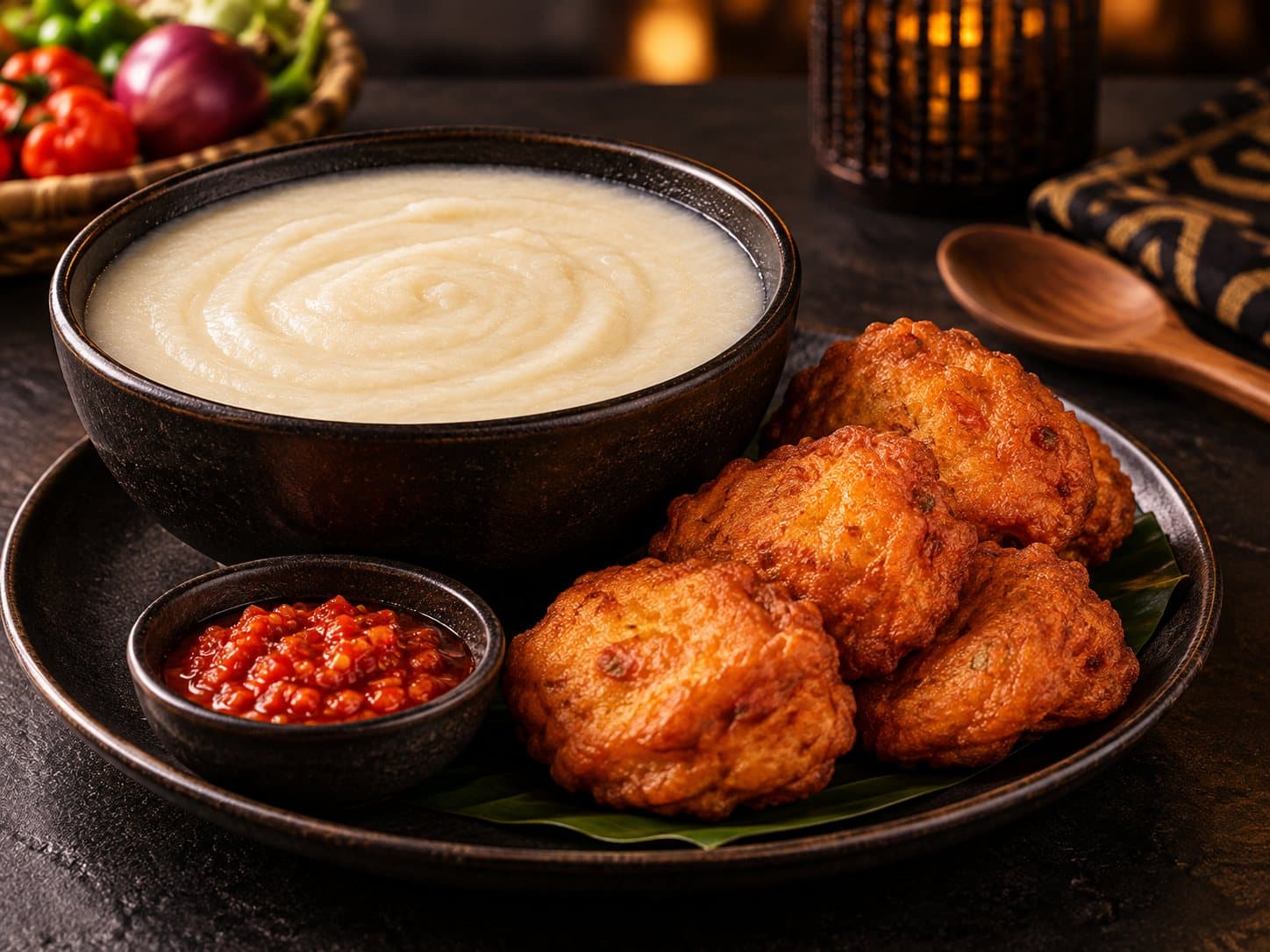A bowl of smooth ogi with golden akara bean fritters and pepper sauce