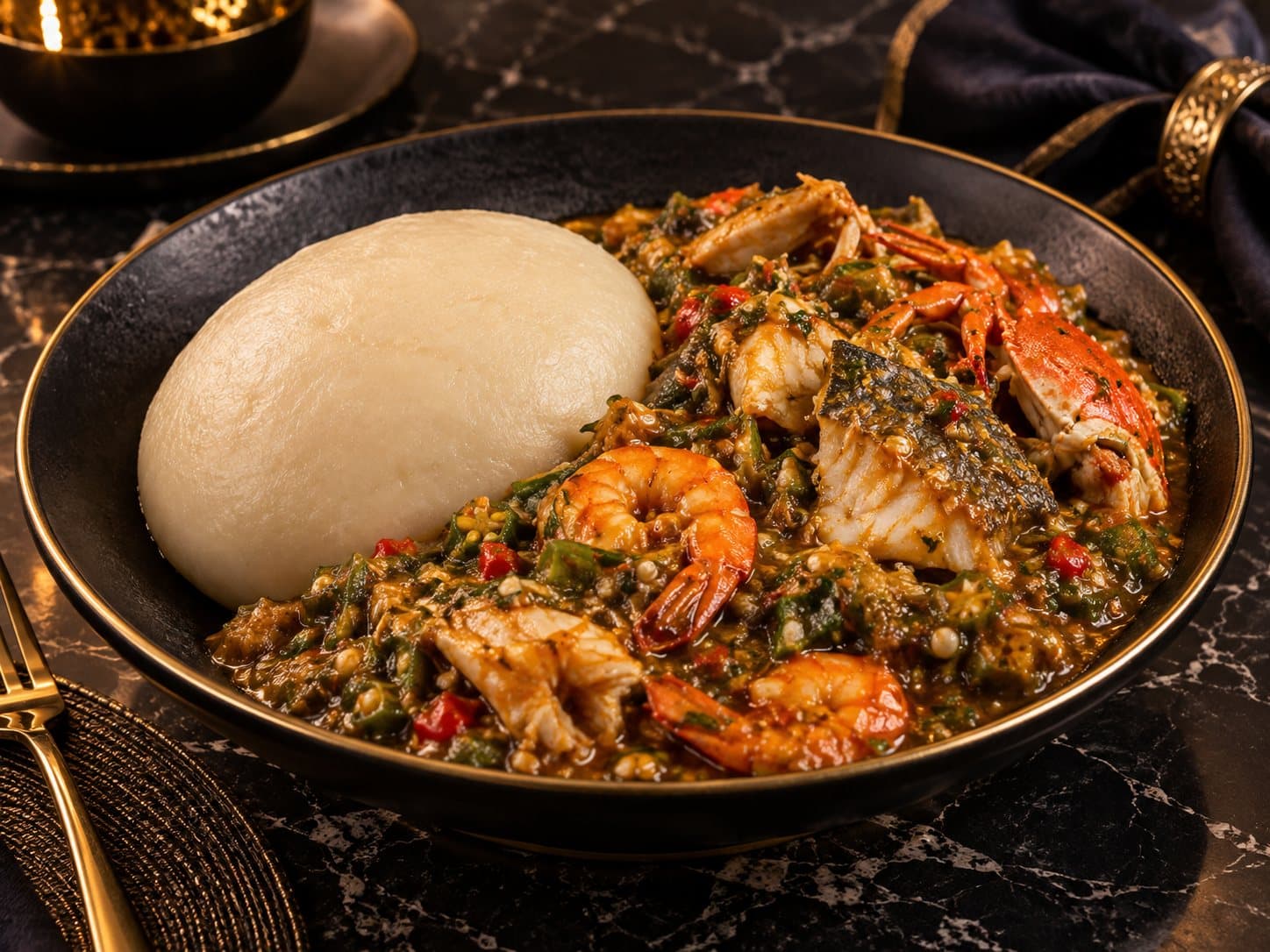 Pounded yam with okra soup in a wide bowl