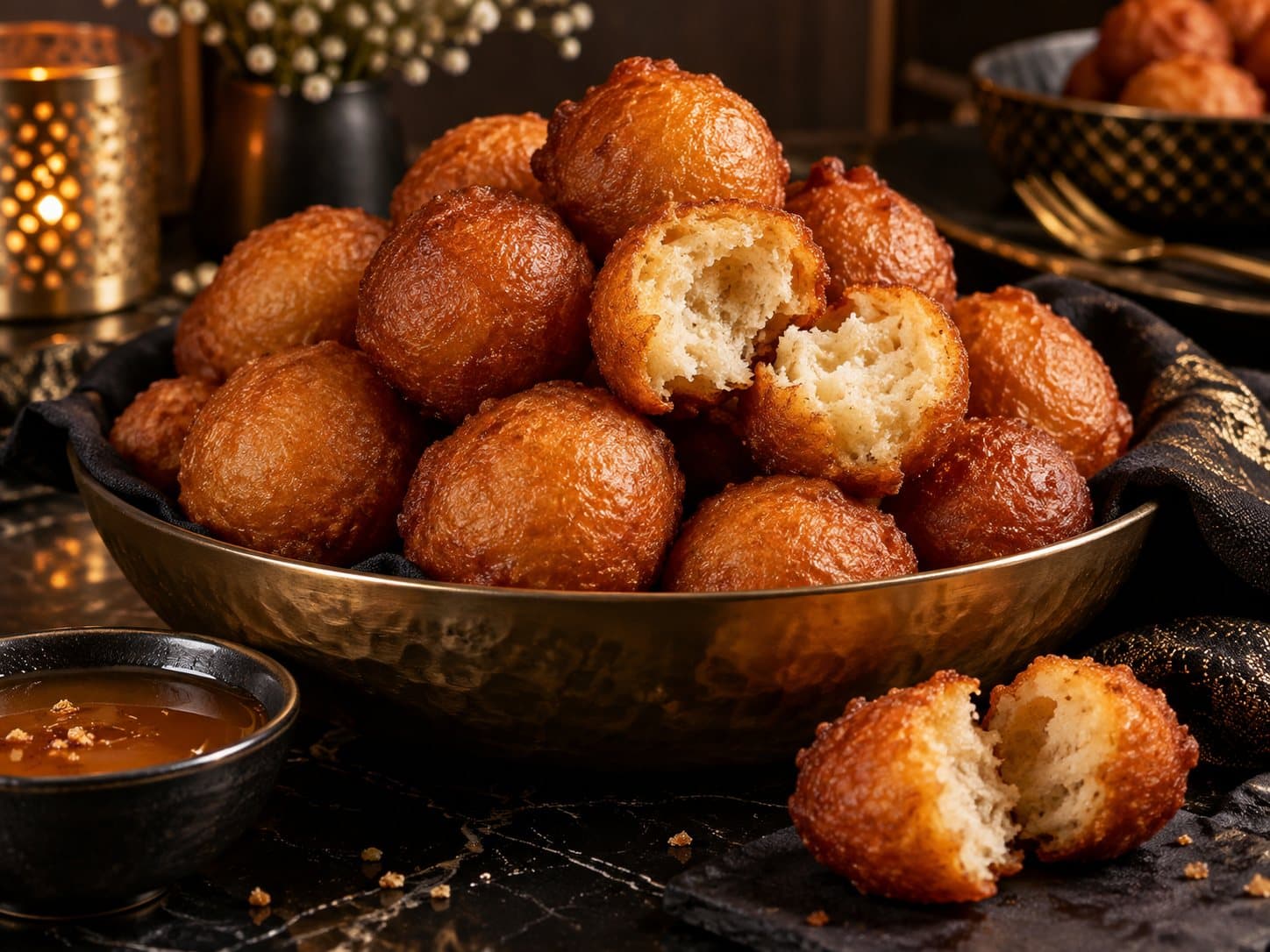 A bowl of golden puff puff, one torn open to show the soft centre