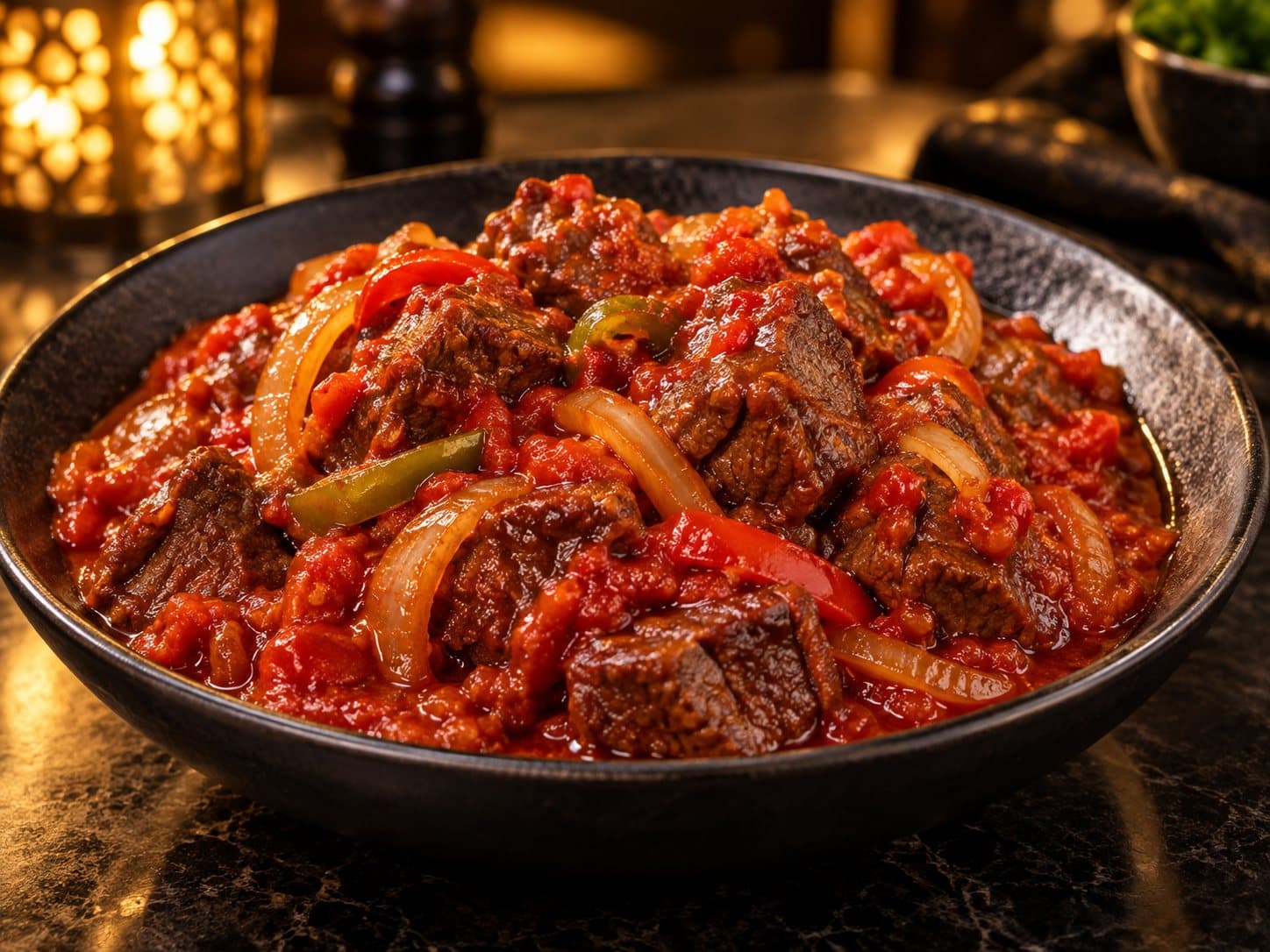 Chunks of beef in a glossy pepper stew with onions and peppers