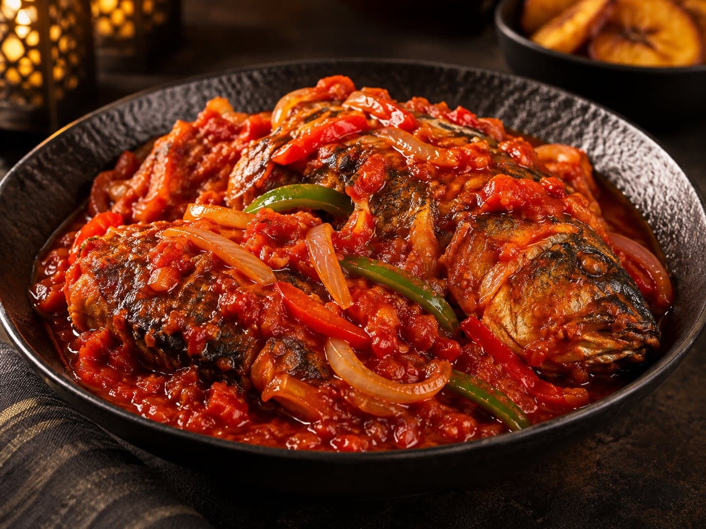 Whole fish pieces simmered in rich tomato-pepper stew with onions and peppers