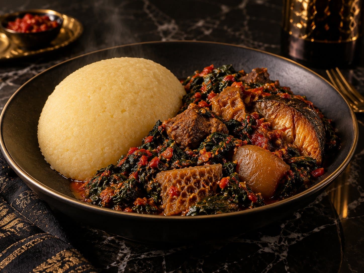 Home-style eba with efo riro in a bowl