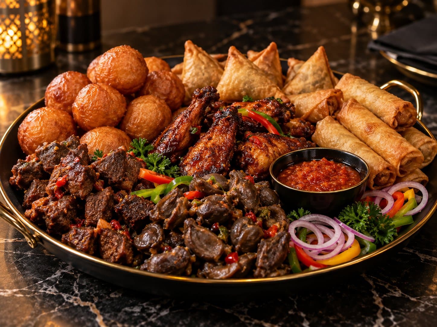 A sharing platter of small chops laid out for guests